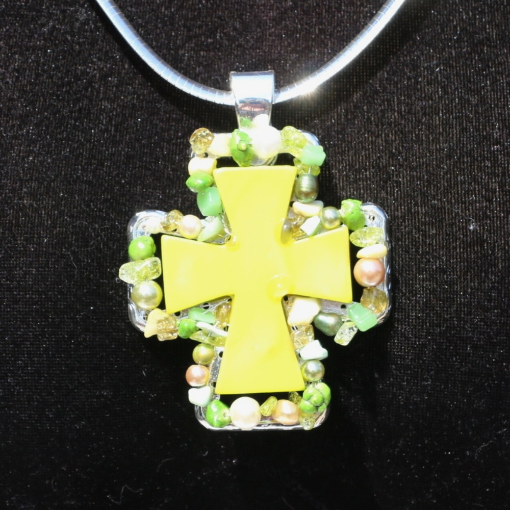 Chunky Boho Cross Necklace Stone Bead Silvertone - Picture 2 of 5
